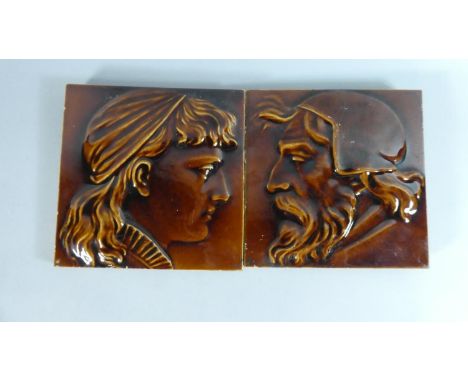 A Pair of Maw &amp; Co. Treacle Glazed Portrait Tiles, 6" Square 