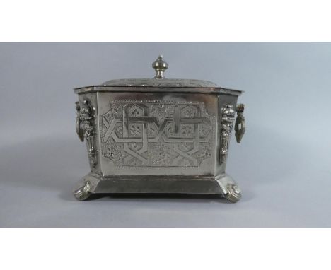 An Islamic Decorated Anglo Persian Silver Plated Tea Caddy of Sarcophagus Form, 18.5cms Wide 