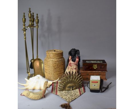 A Collection of Interior Items to Include Fitted Fire Irons, Jewellery Chest, Musical Chinese Jewellery Box, Wicker Pot, Sunb