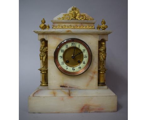 A French Late 19th/Early 20th Century Alabaster Mantel Clock of Architectural Form with Ormolu Mounts and having 8 Day Moveme