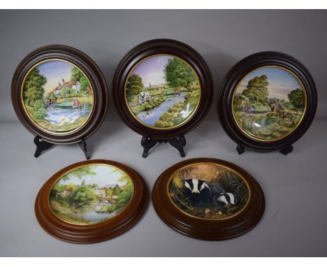 Five Wooden Framed Decorated Plates to Feature Royal Doulton Badgers, Royal Worcester Canal Series Etc. 
