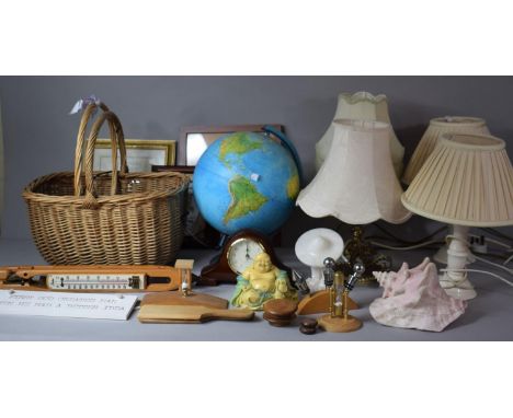 A Collection of Sundries to Include Lamps, Wine Saver Set, Resin Buddha, Globe Lamp, Wicker Baskets Etc. 