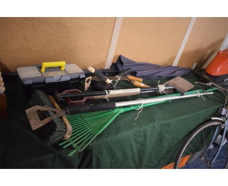 A Collection of Various Garden Tools, Parasol etc 