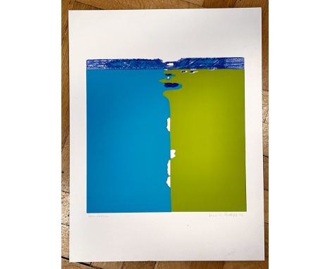 Schlegel, Hans K. (20. Jahrhundert) "Strandgrenze", Farblithographie, 1973. Die Farbe Blau und Grün treffen aufeinander.Links