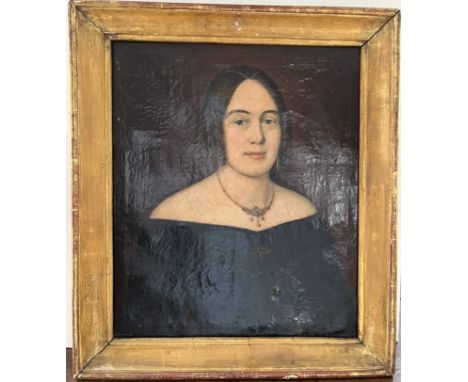 Anonym (19. Jahrhundert) Portrait von "Helene Caroline Poliseina Flächer geb. Rock", um 1840, Öl auf Leinwand. Rückseitig eti