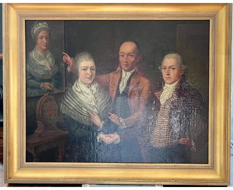 Anonym (19. Jahrhundert) Selbstreflexives Portrait einer Familie, Öl auf Holz. Zu sehen sind drei Personen - links eine Frau,
