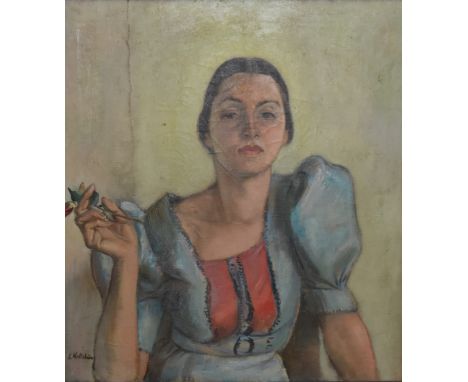 Hollstein, Erwin (1892-1966) zugeschrieben Portrait mit Rose, Öl auf Leinwand. &nbsp;Frau im Dreiviertelportrait, den Betrach