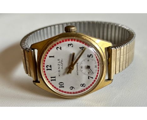 Kienzle Vintage Armbanduhr "Alfa", weißes Ziffernblatt (Durchmesser 2,5 cm), arabische Ziffern, roter Zierkranz, Goldzeiger, 