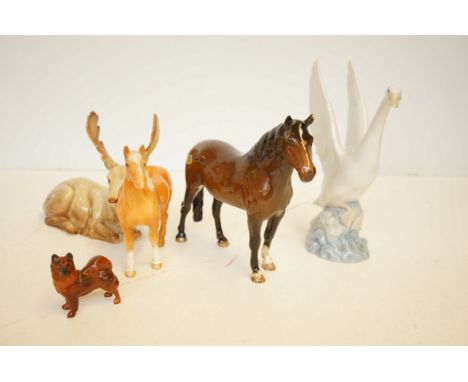 2 Beswick horses, Beswick moose together with a small Beswick dog &amp; Nao Goose (All A/F)