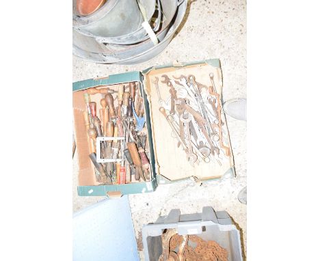 Two boxes of various vintage tools, spanner, screwdrivers, drills etc