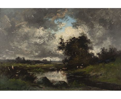 JULES DUPRE1811 Nantes - 1889 L'Isle-AdamSTÜRMISCHE LANDSCHAFT Öl auf Holz. 31 x 46 cm (R. 43 x 59 cm). Signiert unten links 