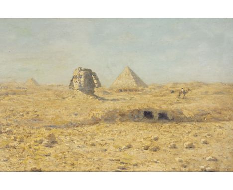 HEINRICH HEIMES1855 Mayen - 1933 Kronberg im TaunusSPHINX UND PYRAMIDEN VON GIZEH Öl auf Karton. 30 x 47 cm (R. 50,5 x 66). S