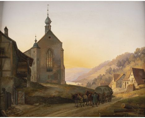 DEUTSCH-ÖSTERREICHISCHE SCHULEum 1820Dorfstraße und Kirche im Morgenlicht Öl auf Holz. 27 x 33 cm (R. 43 x 48,5 cm). Leicht v