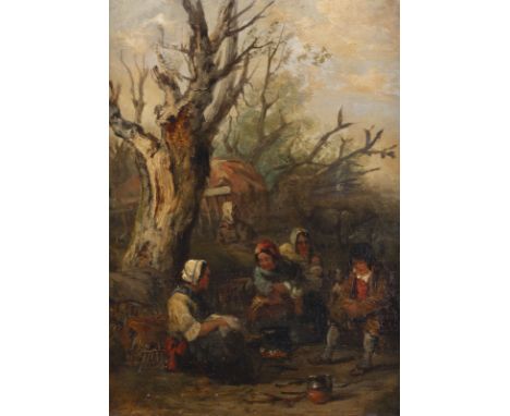 ENGLISCHE SCHULEdes 19. Jh.BAUERNFAMILIE AM FEUER Öl auf Leinwand. 45 x 36 cm (R. 57 x 45 cm). Rest, am Rände min. besch. Rah