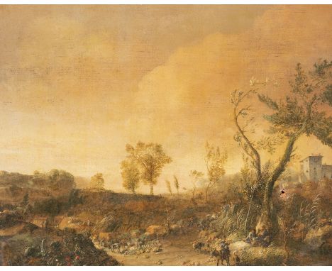 NICOLAES PIEMONT1644 Amsterdam - 1709 VollenhoveSÜDLICHE LANDSCHAFT MIT SCHAFHIRTEN Öl auf Leinwand (altdoubl.). 52,5 x 67 cm