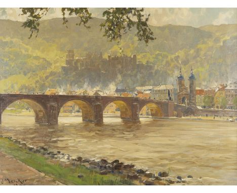 ERICH MERCKER1891 Zabern - 1973 MünchenBLICK AUF NECKAR, ALTE BRÜCKE UND SCHLOSS IN HEIDELBERG Öl auf Leinwand. 60 x 80 cm (R