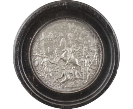 ZINNRELIEF MIT FIGURENSZENE 'RAUB DER HELENA' Süddeutsch, wohl 17. Jh. Zinn, gegossen, im ebonisierten, profilierten Holzrahm