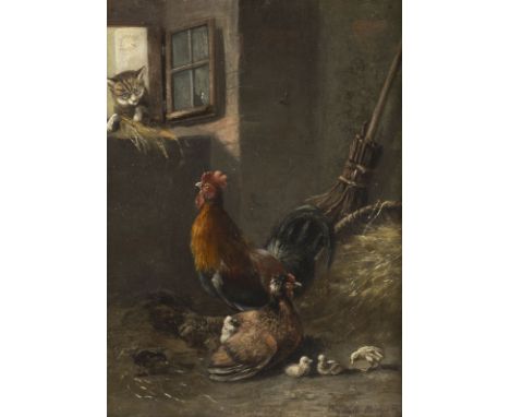AUGUST MÜLLER1836 Rottweil - 1885 MünchenKATZE IN HÜHNERSTALL Öl auf Malkarton. 27,5 x 21 cm (R. 43,5 x 36,5 cm). Signiert un
