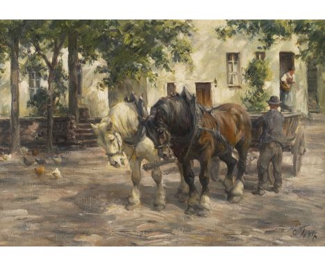 GEORG WOLF1882 Niederhausbergen - 1962 UelzenPFERDEFUHRWERK AUF EINEM BAUERNHOF Öl auf Leinwand. 36,5 x 52,5 cm (R. 60 x 75,5
