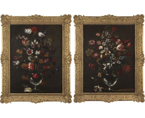 NEAPOLITANISCHE SCHULE IM UMKREIS VON ANDREA BELVEDERE1652 Neapel - 1732 ebendaPAAR BLUMENSTILLLEBEN MIT ASTERN UND TULPEN IN