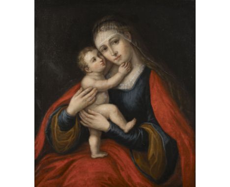 LUCAS CRANACH DER ÄLTERE (NACHFOLGER DES 18. JH.)1472 Kronach - 1553 WeimarJUNGFRAU MIT DEM KINDE Öl auf Leinwand (doubl.). 7