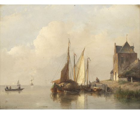 ANDREAS SCHELFHOUT1787 Den Haag - 1870 ebendaSEEUFER MIT SCHIFFEN. 1855 Öl auf Holz. 17 x 22,5 cm (R. 38 x 43 cm). Signiert u