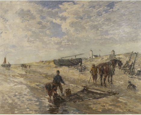 GREGOR VON BOCHMANN1850 Gut Nesat - 1930 HöselKRABBENFISCHER AM STRAND Öl auf Holz. 59 x 73 cm (R. 66 x 80 cm). Signiert unte