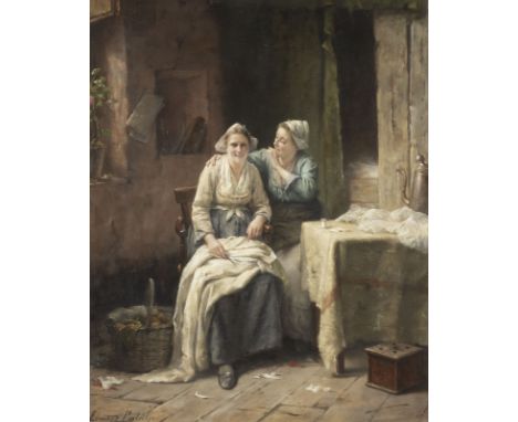 EDWARD ANTOON PORTIELJE1861 Antwerpen - 1949 ebendaZWEI JUNGE SCHNEIDERINNEN Öl auf Holz. 46 x 38 cm (R. 60 x 51 cm). Signier