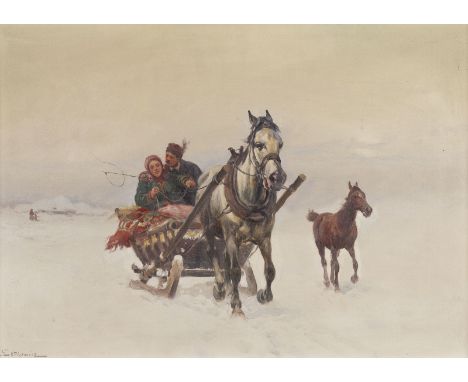 ADAM SETKOWICZ1876 Krakau - 1945SCHLITTENFAHRT Öl auf Platte. 33 x 46 cm (R. 41 x 55 cm). Signiert unten links. Part. min. be
