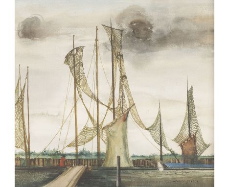 THEO CHAMPION1887 Düsseldorf - 1952 Zell an der MoselLANDSCHAFT MIT FISCHERNETZEN Mischtechnik auf Papier. 33,5 x 37 cm (R. 3