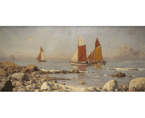 HENRY ENFIELD1849 London - um 1908 NeuwarpSEGELBOOTE VOR DER KÜSTE BEI SCHÖNEM WETTER Öl auf Leinwand. 100 x 212 cm (R. 110 x