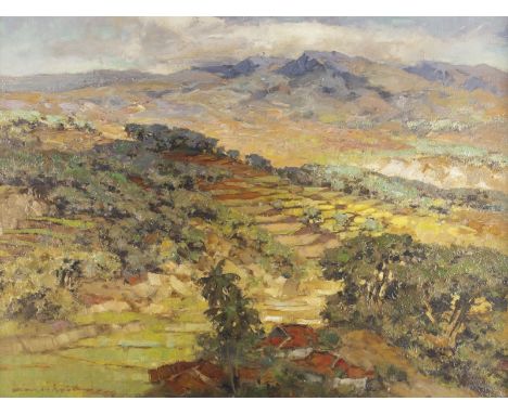 UNBEKANNTER, WOHL SÜDAMERIKANISCHER KÜNSTLERtätig 1. H. 20. JhLANDSCHAFT MIT DORF IM VORDERGRUND UND BERGEN IN DER FERNE Öl a
