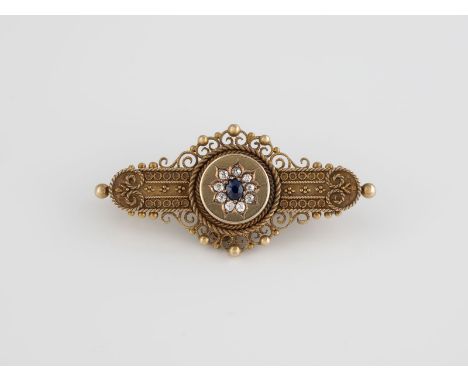 BROSCHE Gelbgold. L. 4,5cm, Ges.-Gew. ca. 6,6 g. Gest. 15 (K), 625, Assay Marke Birmingham, Jahresbuchstabe 'x' für 1897, Her
