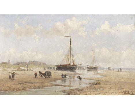 HENDRIK HULK1842 Amsterdam - 1937 HaarlemPAAR GEMÄLDE: FISCHERBOOTE AN DER KÜSTE Jew. Öl auf Leinwand. Jew. 18,5 x 30 cm (R. 