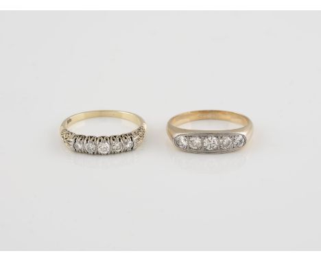 KONVOLUT RINGE 2-tlg. Gelbgold. 1) Ringmaß ca. 58, Ges.-Gew. ca. 4,4 g. Geprüft 18 K. Fünf Diamanten im Alt- und Brillantschl