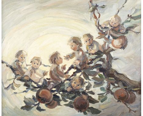 MILI WEBER1891 Biel - 1978 St. Moritz'DIE FRÖHLICHEN APFELBÜBLEIN VON SAAS' Öl auf Leinwand. 50,5 x 60,5 cm (R. 58 x 68 cm). 