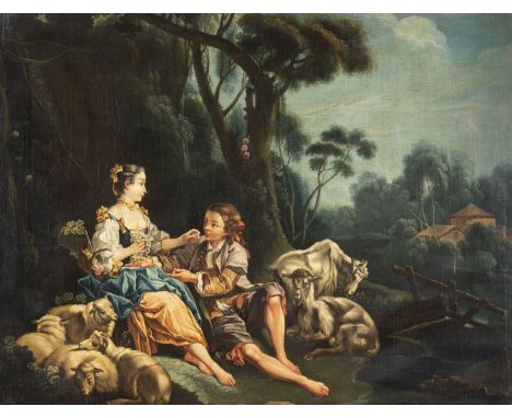NICOLAS LANCRET (WOHL STUDIO)1690 Paris - 1743 EbendaGALANTE SZENE - SCHÄFERIDYLL Öl auf Leinwand (altdoubl.). 78,5 x 100,5 c
