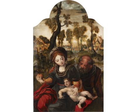 PIETER COECKE VAN AELST (ATELIER)Aelst 1502 - Brüssel 1550DIE HEILGE FAMILIE Öl auf Eichenholztafel (oben gerundet). 90 x 58 