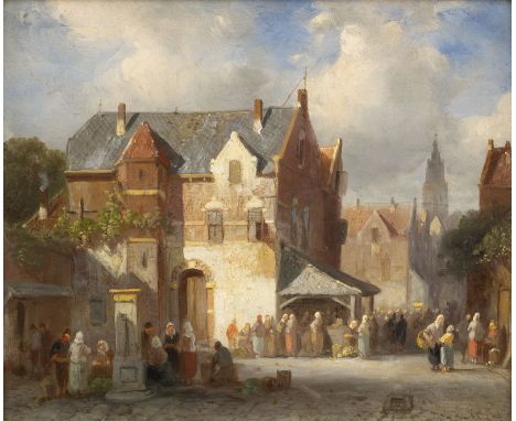 NIEDERLÄNDISCHE SCHULE19. Jh.BELEBTER MARKTPLATZ Öl auf Holz. 19,5 x 23,5 cm (R. 29 x 34 cm). Unleserlich signiert unten rech