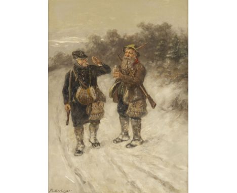 ALBERT MÜLLER-LINGKE1844 Altenburg - 1930 MünchenZWEI JÄGER Öl auf Holz. 51 x 37 cm (R. 75 x 62 cm). Signiert unten links. Mi