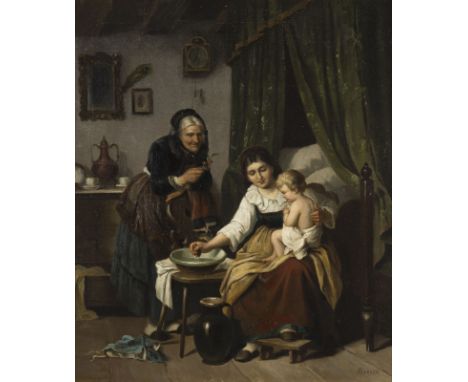 WARNERwohl 1837 - 1898OMA HILFT DER MUTTER BEIM BADEN DES KINDES Öl auf Leinwand (doubl.). 57 x 49,5 cm (R. 73 x 66 cm). Sign