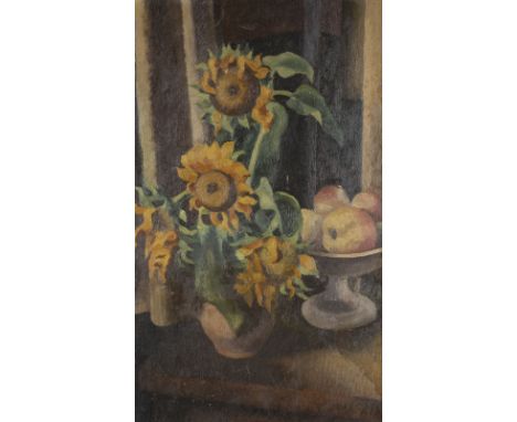 GEORG BREITWIESER1890 Langstadt bei Dieburg - 1938 DarmstadtSTILLLEBEN MIT ÄPFELN UND SONNENBLUMEN Öl auf Karton. 66 x 41 cm 
