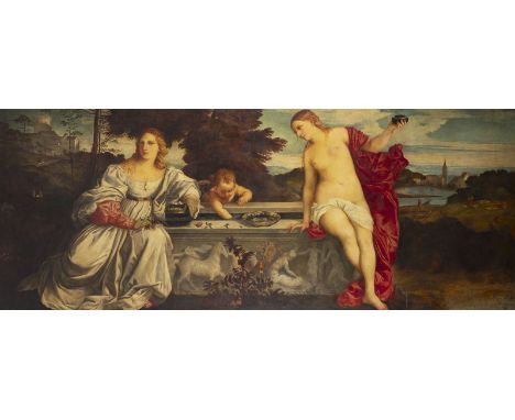 TIZIAN (EIGENTLICH: TIZIANO VECELLIO) (NACHFOLGER DES WOHL 18./19. JH.)HEILIGE UND PROFANE LIEBE Öl auf Leinwand. 119 x 278,5