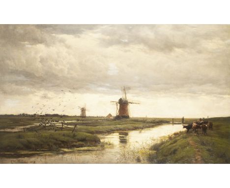 AUGUSTUS WALFORD WEEDON1838 London - 1908GROSSFORMATIGE WEITE LANDSCHAFT MIT HERDE UND MÜHLEN (1886) Öl auf Leinwand. 95 x 15