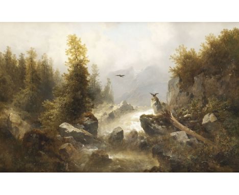 JOSEF THOMA1828 Wien - 1899 ebendaGEBIRGSLANDSCHAFT MIT REIßENDEM WILDBACH Öl auf Leinwand (doubl.). 69 x 107 cm (R. 105 x 14