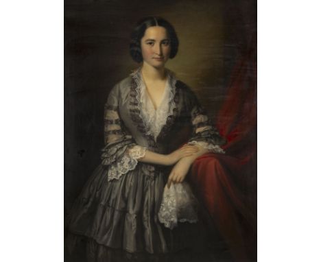 DEUTSCHER PORTRÄMALERtätig 1840-50GROSSFORMATIGES DAMENBILDNIS Öl auf Leinwand (doubl.). 128 x 95 cm (R. 134 x 103 cm). Part.
