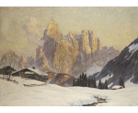 ERWIN KETTEMANNMünchen 1897 - 1971GROSSE BERGLANDSCHAFT 'WINTERABEND AM SCHLERN, DOLOMITEN' Öl auf Leinwand. 90 x 120 (R. 112