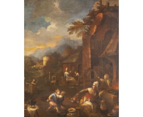 ITALIENISCHE SCHULE DES 18. JH.HUMORISTISCHE SZENE MIT RAUFENDEN KINDERN Öl auf Leinwand (altdoubl.). 68 x 83 cm (R. 106 x 91