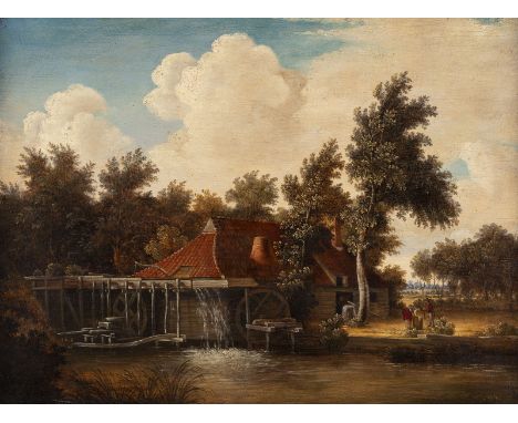 MEINDERT HOBBEMA (WERKSTATT/SCHOOL)1638 Amsterdam - 1709 EbendaLANDSCHAFT MIT WASSERMÜHLE UND WÄSCHERIN AM FLUSS Öl auf Leinw