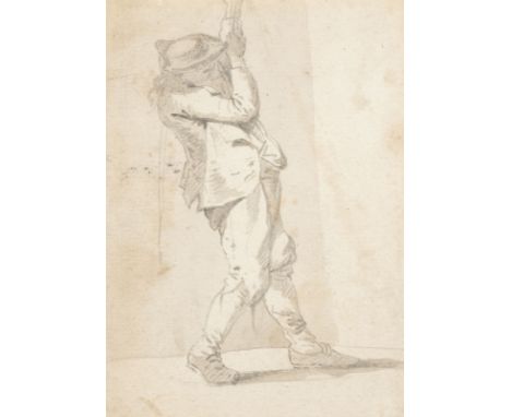 ANTOINE WATTEAU (UMKREIS)1684 Valenciennes - 1721 Nogent-sur-MarneFIGURENSTUDIE Bleistift auf grauem Büttenpapier. 16 x 11,5 